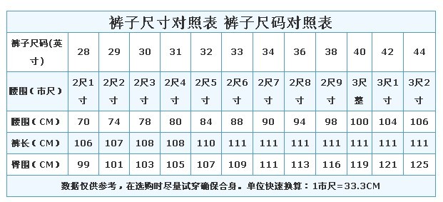 裤子的码数和腰围的精确换算