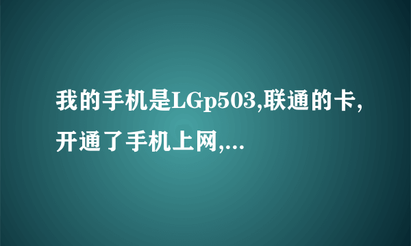 我的手机是LGp503,联通的卡,开通了手机上网,但是就是上不去,说什么连接不到互联网,高手们救救我吧