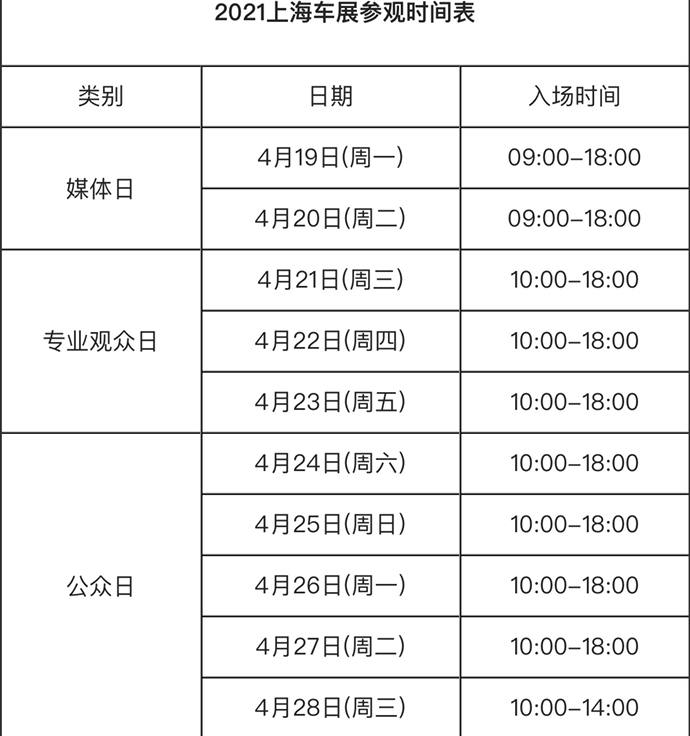 上海汽车展会2021年具体时间表？