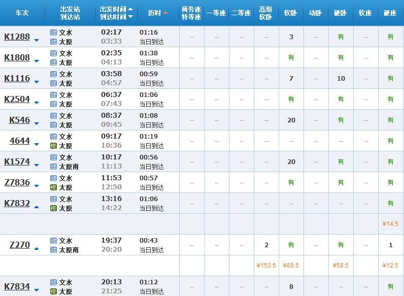 从文水到太原南火车列车有哪些车次 列车时刻表查询