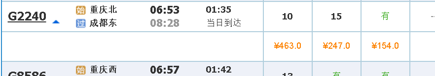 重庆北站到成都的火车票多少钱？
