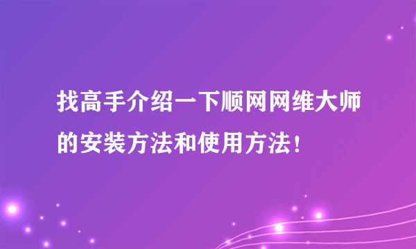 找高手介绍一下顺网网维大师的安装方法和使用方法！