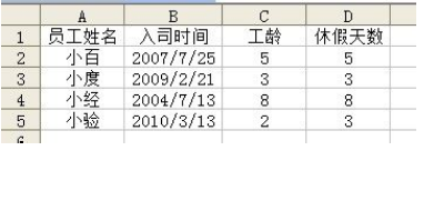 EXCEL中根据员工入职时间计算年假天数