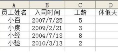 EXCEL中根据员工入职时间计算年假天数