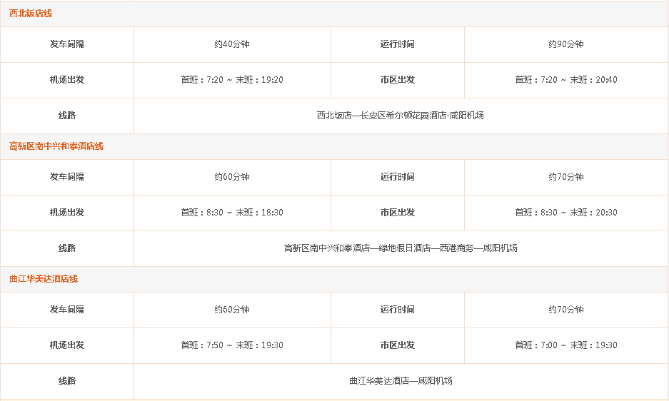 求从咸阳国际机场到西安大巴的时刻表