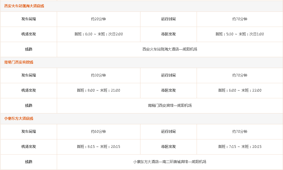 求从咸阳国际机场到西安大巴的时刻表