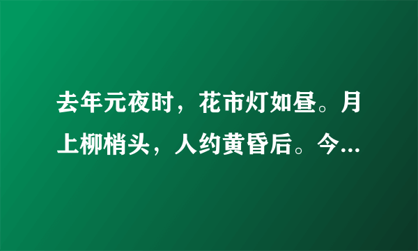 去年元夜时，花市灯如昼。月上柳梢头，人约黄昏后。今年元夜时，花与灯依旧。不见去年人，泪湿春衫袖