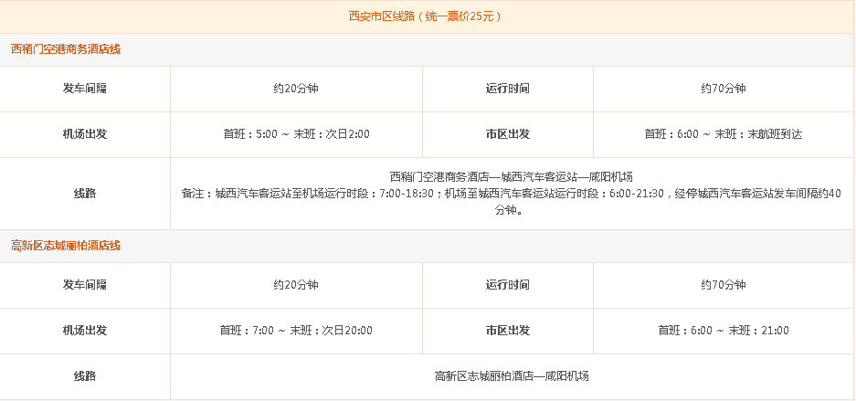 求从咸阳国际机场到西安大巴的时刻表