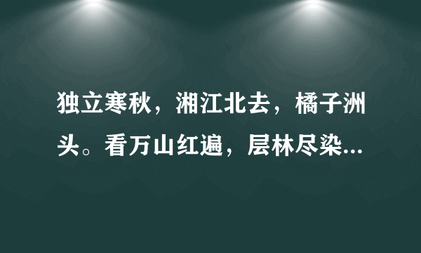 独立寒秋，湘江北去，橘子洲头。看万山红遍，层林尽染；漫江碧透，百舸争流。鹰击长空，鱼翔浅底，万类霜