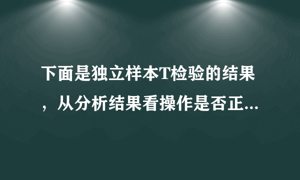 下面是独立样本T检验的结果，从分析结果看操作是否正确啊，看前面还是后面的sig值呢？谢谢啦